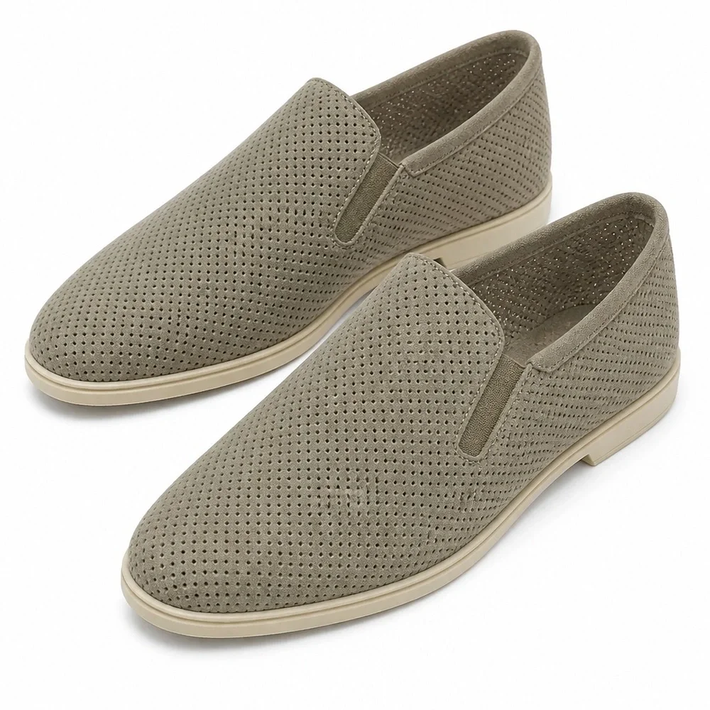 Alberto Ciccioli Men's Slip-On Perforated Comfort Beige Suede Loafers - Taupe